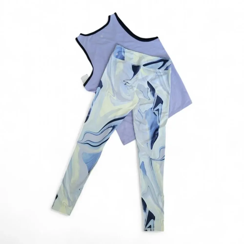 Zella Girls Marble Print Leggings and Purple Top Outfit Size XL 14/16